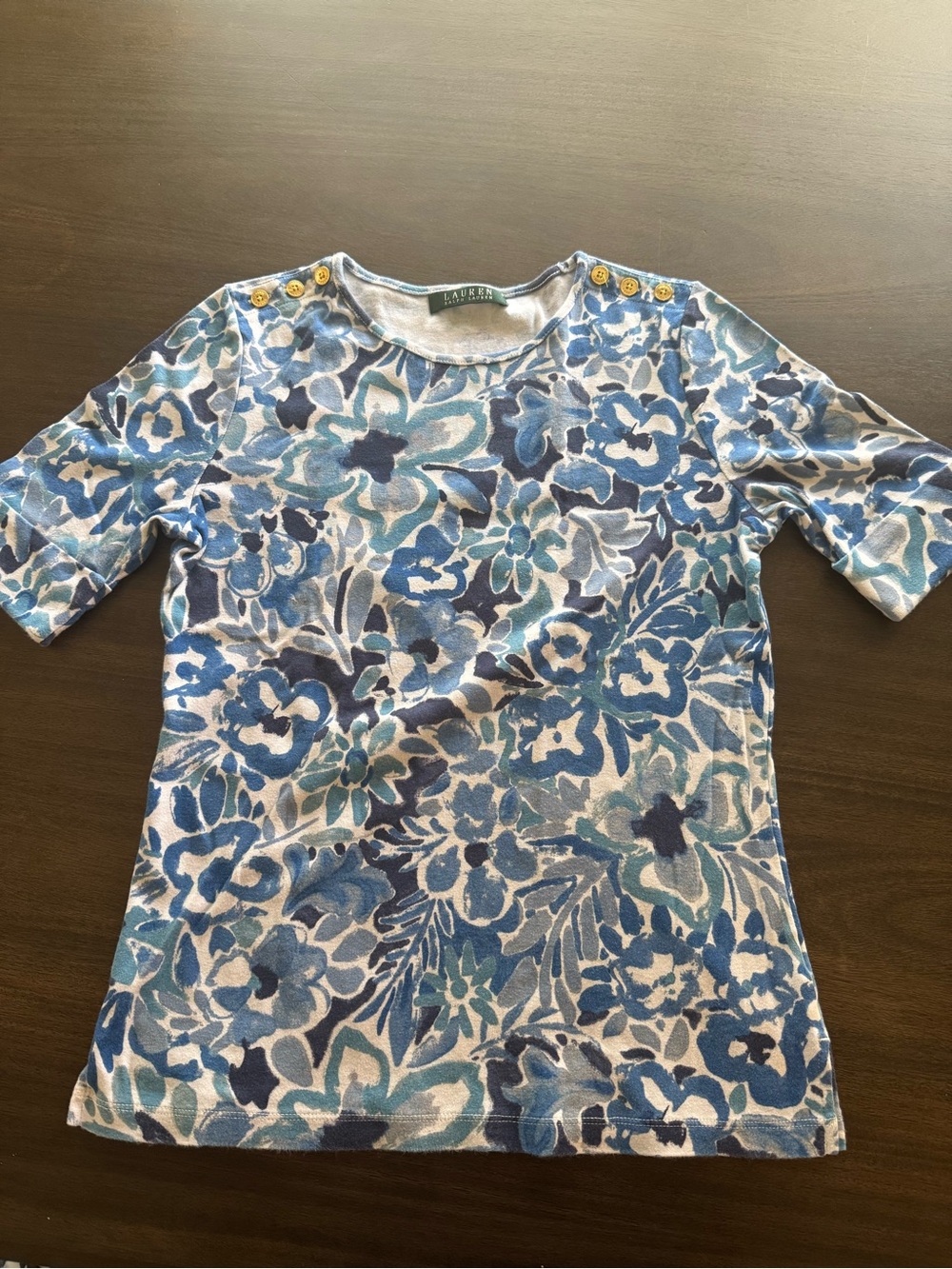Ralph Lauren Blue & White Floral Button-Shoulder Top